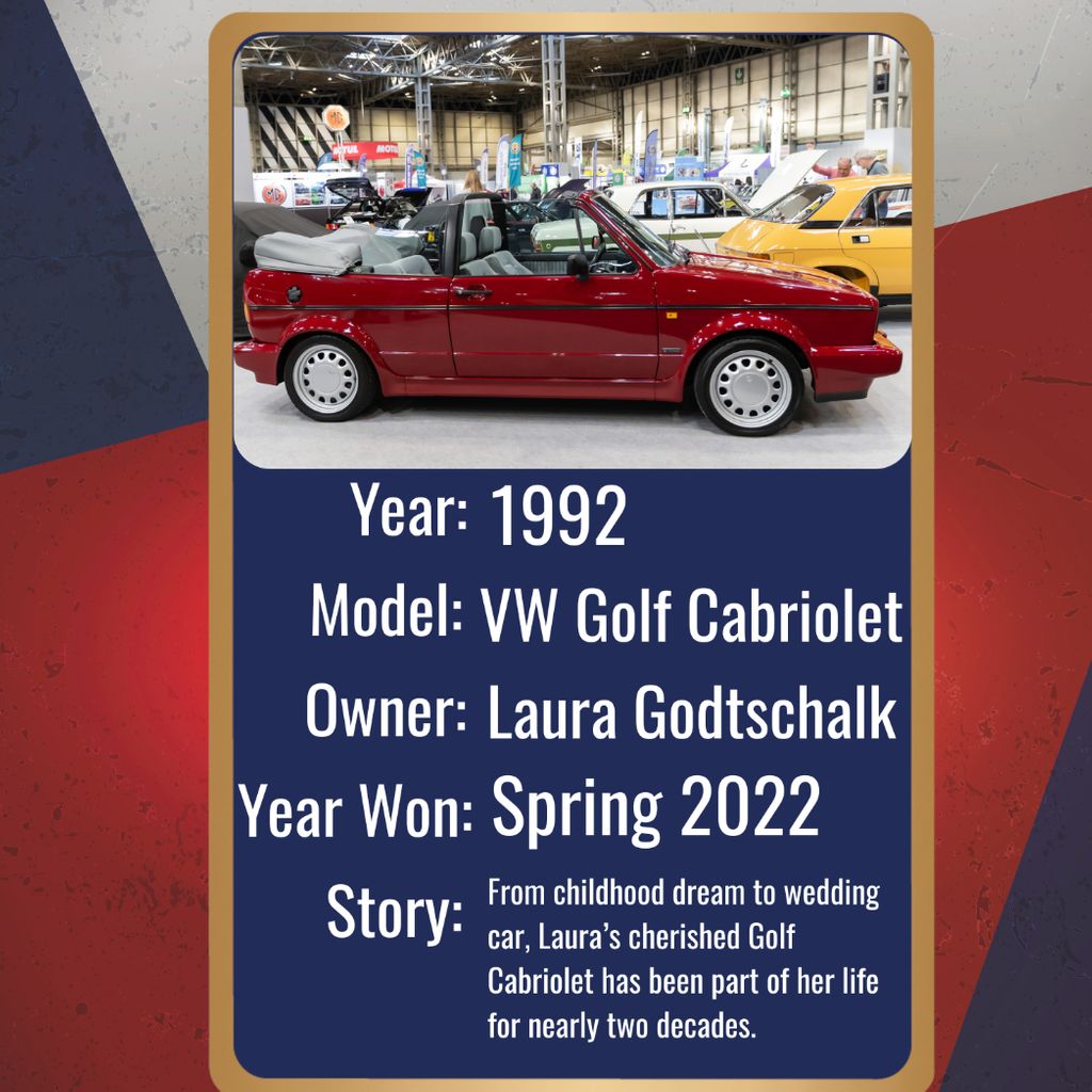 A title card features a deep red 1992 VW Golf Cabriolet convertible, shown from the side at an indoor car show. The car's top is down, and its gray interior is visible. In the background, other cars and show attendees can be seen. The title card provides key information: the car is a 1992 VW Golf Cabriolet owned by Laura Godtschalk, which won an award in Spring 2022. A brief story on the card describes the car's significance to its owner, stating that it has been a 