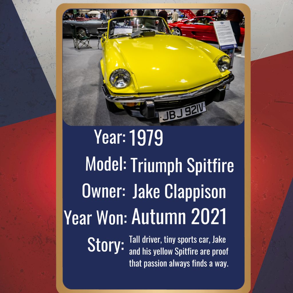 A title card features a bright yellow 1979 Triumph Spitfire on display at an indoor car show. The vintage convertible, which is the main subject, has its license plate, 