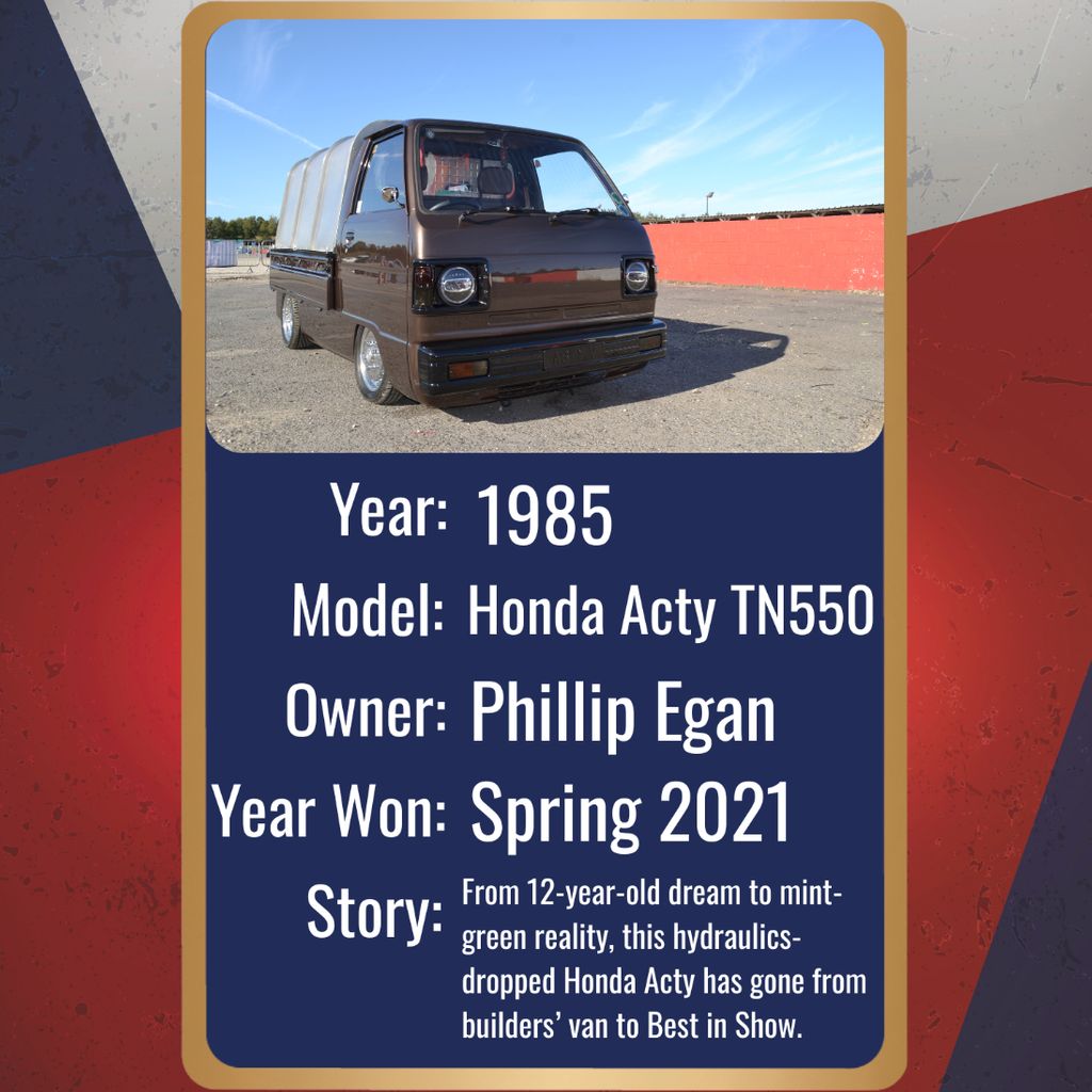 A title card features a custom-modified brown 1985 Honda Acty TN550 Kei truck parked outdoors. The truck has a canvas cover over its bed and a lowered suspension, and is shown on an asphalt lot against a blue sky. The title card provides key information: the truck is a 1985 Honda Acty TN550 owned by Phillip Egan, which won an award in Spring 2021. A brief story on the card describes its transformation from a 