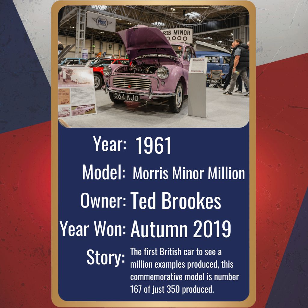 A title card features a light purple 1961 Morris Minor Million with its hood open, on display at an indoor car show. The car's engine bay is visible, and its license plate reads 