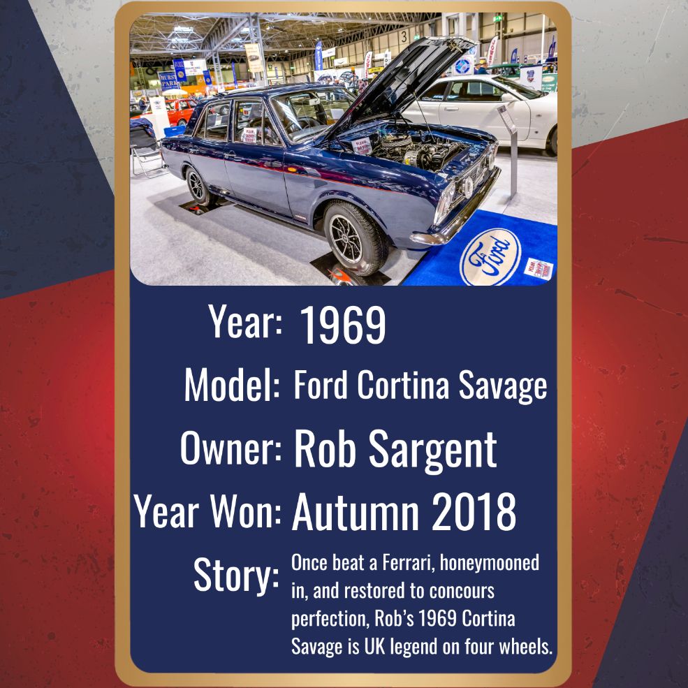 A title card features a deep blue 1969 Ford Cortina Savage with its hood open, showcasing its engine bay. The car is on display on a blue 
