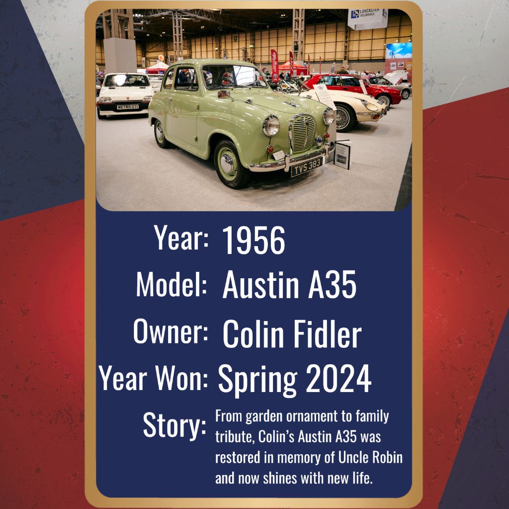  A title card features a pale green Austin A35 sedan on display at an indoor car show. The vintage car is presented from a head-on angle, highlighting its rounded body, chrome grille, and classic headlights. Its license plate reads 