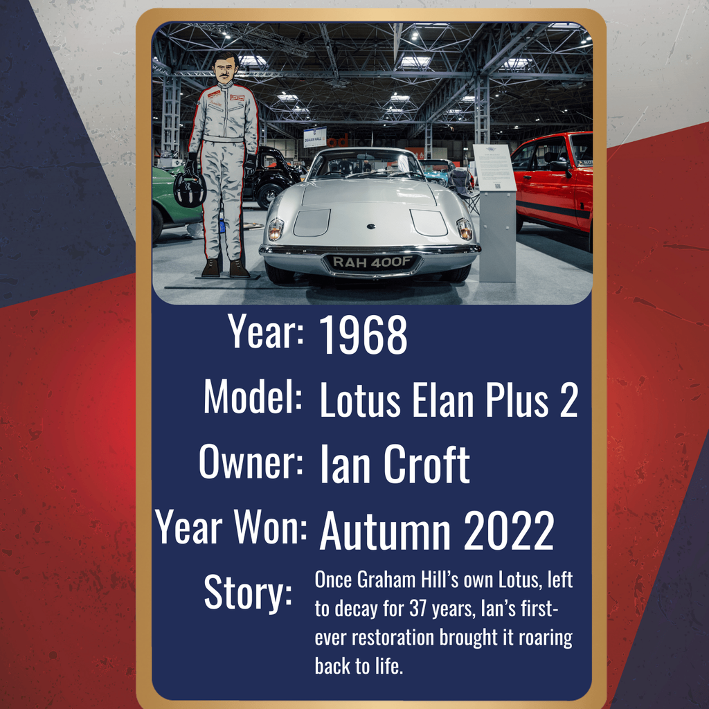 A title card features a silver 1968 Lotus Elan Plus 2 on display at an indoor car show. A cardboard cutout of a race car driver is placed next to the car, which has a license plate that reads 