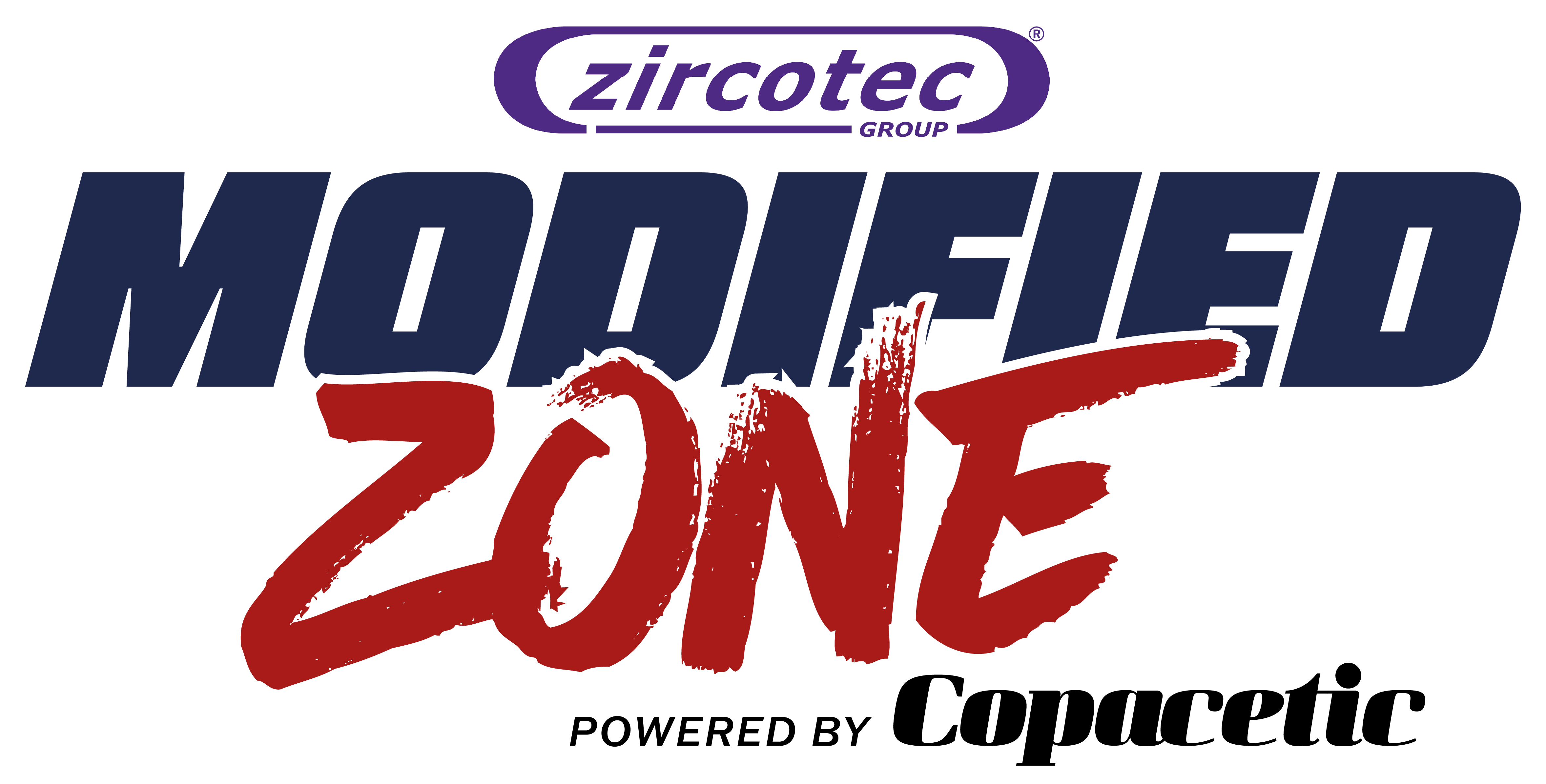 Official Modified Zone logo featuring navy bold typography, red brush-script "ZONE" text, Zircotec Group branding at the top, and "Powered by Copacetic" tagline on a transparent background.