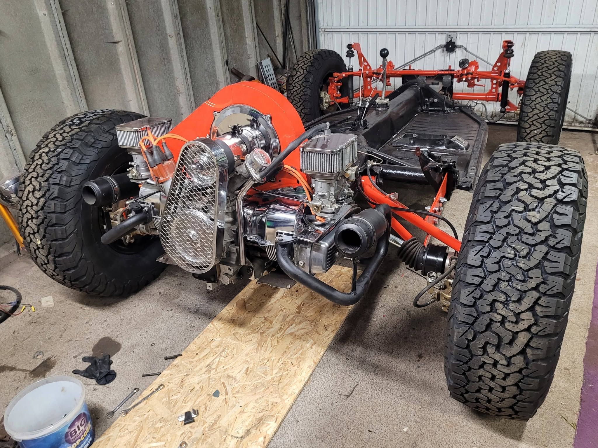 Custom Volkswagen Baja Bug rolling chassis with air-cooled engine and off-road tires