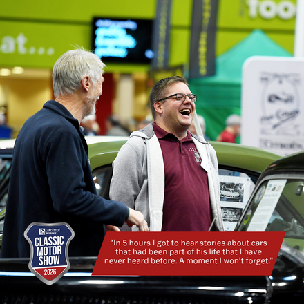 Two men laughing together next to vintage vehicles at the Lancaster Insurance Classic Motor Show 2026, featuring an inspirational visitor quote about sharing car stories