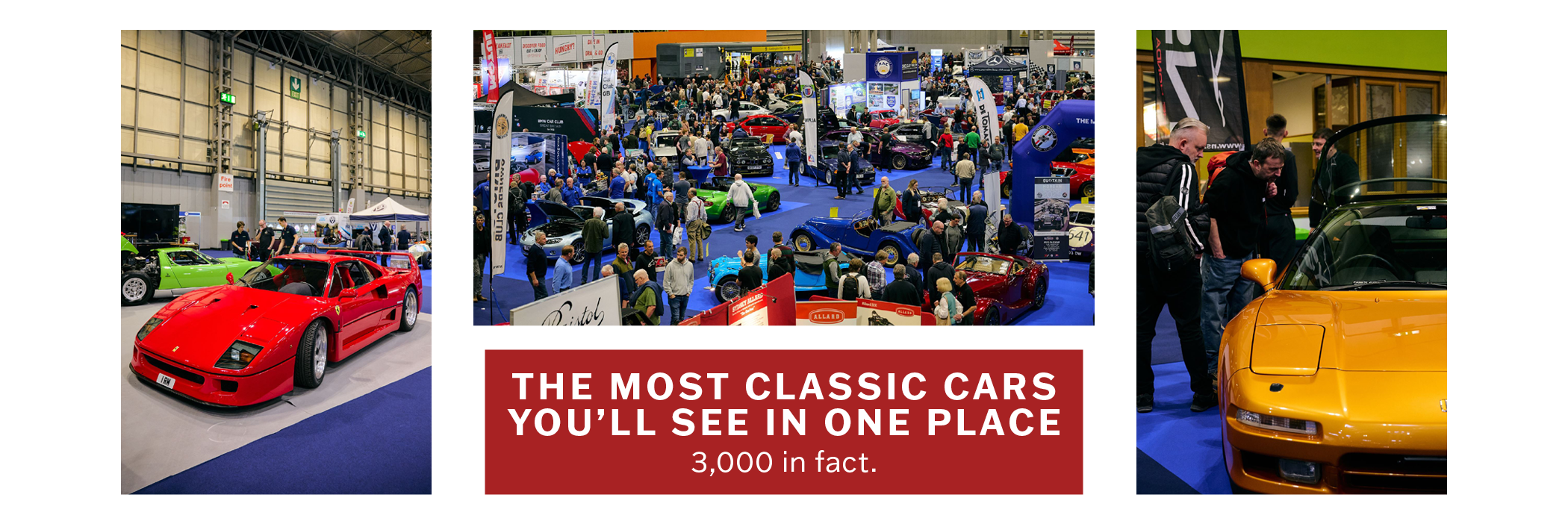 Ferrari F40, Honda NSX, and vintage vehicles on display at a major indoor classic car show exhibition with crowds of visitors.