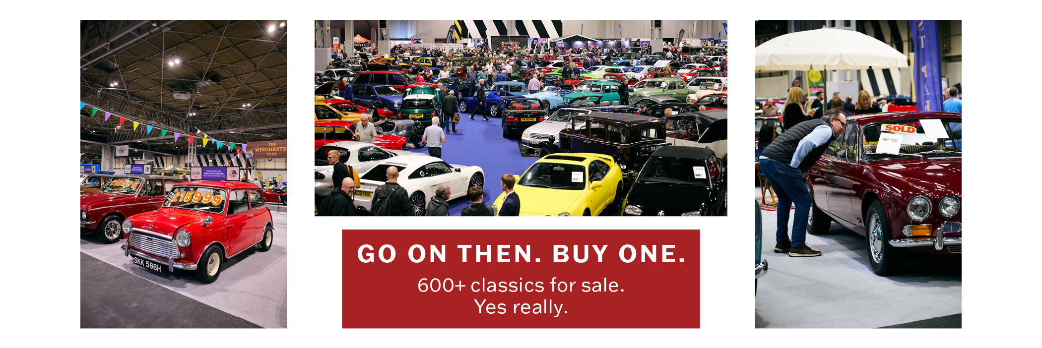 Red classic Austin Morris Mini Cooper, vintage sports cars, and a maroon Triumph saloon for sale at an indoor classic car auction and exhibition market.