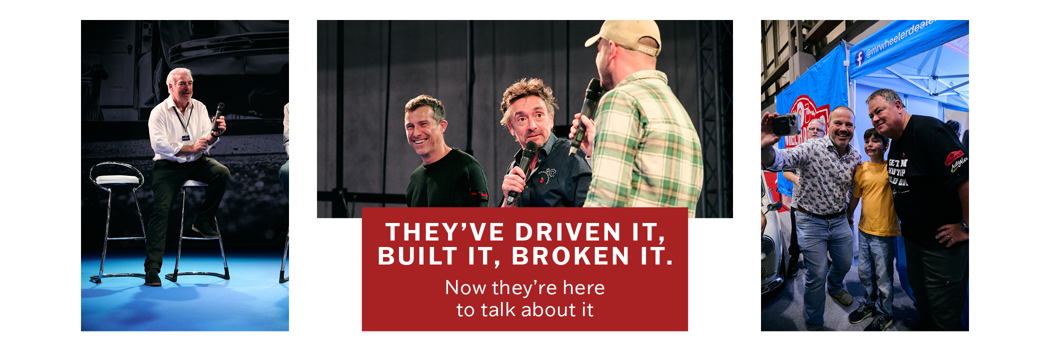 Automotive experts Frank Stephenson, Mat Watson, Richard Hammond, Mike Fernie, and Mike Brewer speaking on stage and meeting fans at a classic car show exhibition.
