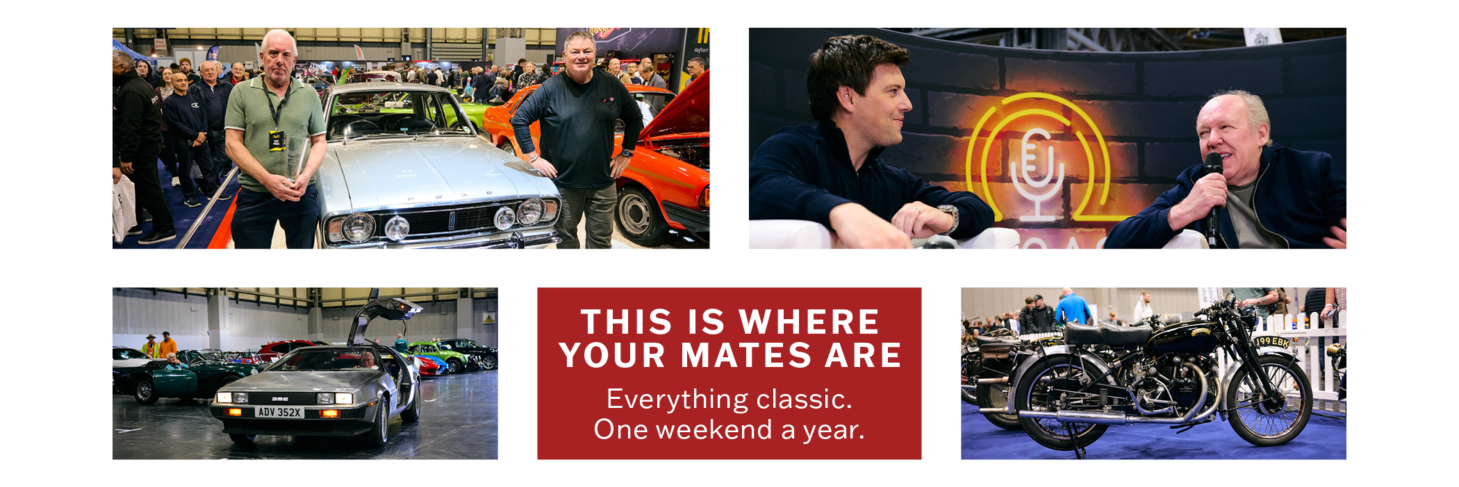 Automotive designer Sir Ian Callum speaking on a live podcast stage, a silver DeLorean DMC-12, a classic Ford Cortina, and a vintage Vincent motorcycle on display at a classic car show.