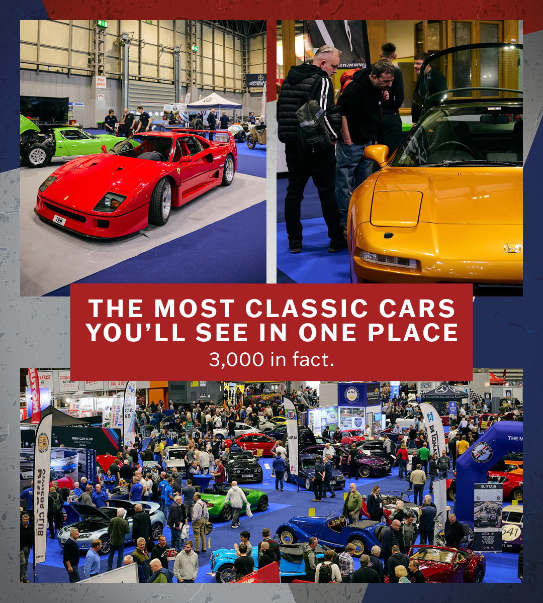 A massive indoor classic car exhibition hall filled with thousands of vintage vehicles, highlighting a red Ferrari F40 and a gold Honda NSX on display.