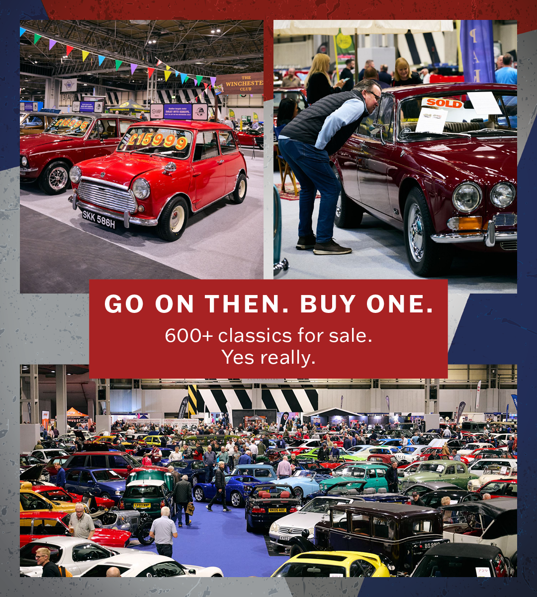 An indoor classic car auction and showroom featuring hundreds of vintage cars for sale, including a red classic Mini Cooper and a vintage Rover.