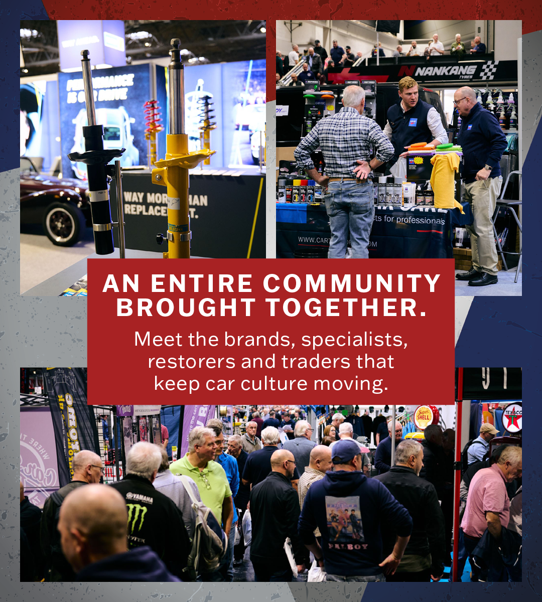 Car enthusiasts, restorers, and 450+ traders browsing automotive parts, suspension displays, and detailing products at an indoor car culture community event.