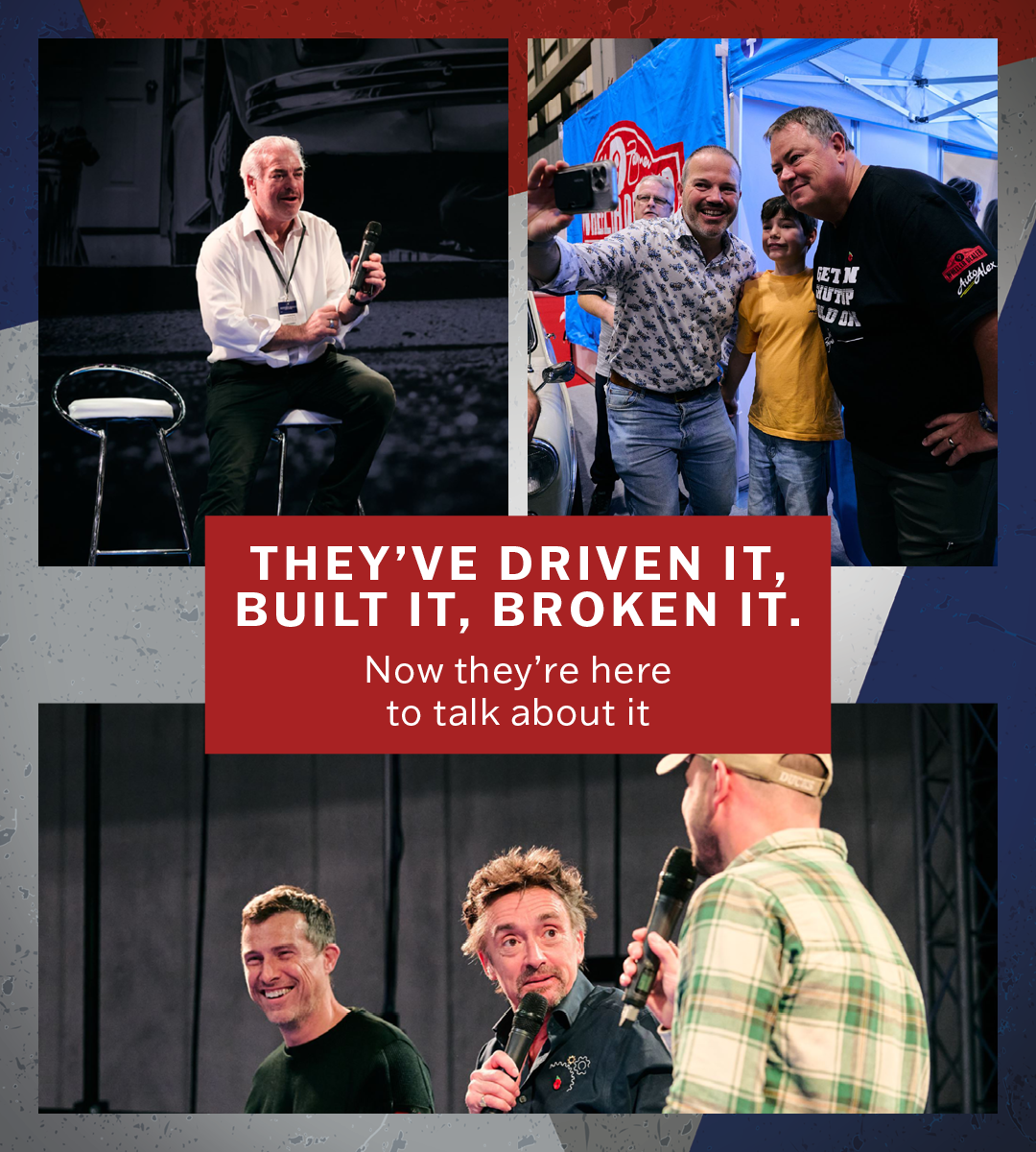 Automotive celebrities and TV presenters speaking on stage and meeting fans at a classic car event, featuring live interviews about building and driving cars.
