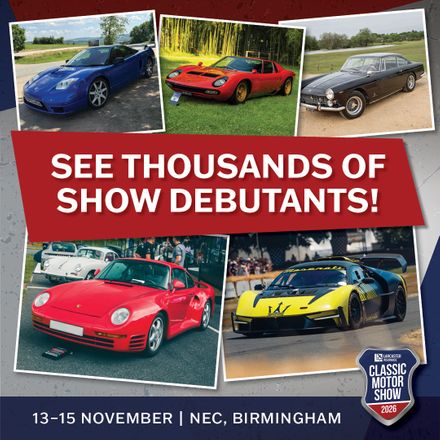 Promotional graphic for the Lancaster Insurance Classic Motor Show featuring five distinct sports cars—including a blue Honda NSX, a silver concept car, a black classic coupe, a dark green vintage racer, and a yellow Maserati MCXtrema track car—with bold white text on a red banner reading 