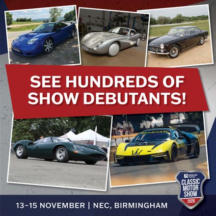 Promotional graphic for the Lancaster Insurance Classic Motor Show featuring five distinct sports cars—including a blue Honda NSX, a silver concept car, a black classic coupe, a dark green vintage racer, and a yellow Maserati MCXtrema track car—with bold white text on a red banner reading 