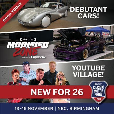 Promotional graphic for the Lancaster Insurance Classic Motor Show 2026 at the NEC Birmingham (13–15 November), highlighting new features including Debutant Cars, the Zircotec Modified Zone powered by Copacetic featuring a custom purple Nissan Skyline, and YouTube Village automotive creators.