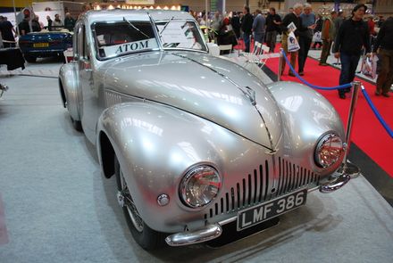 The rare silver Aston Martin Atom classic concept car on display inside an exhibition hall at the Classic Motor Show