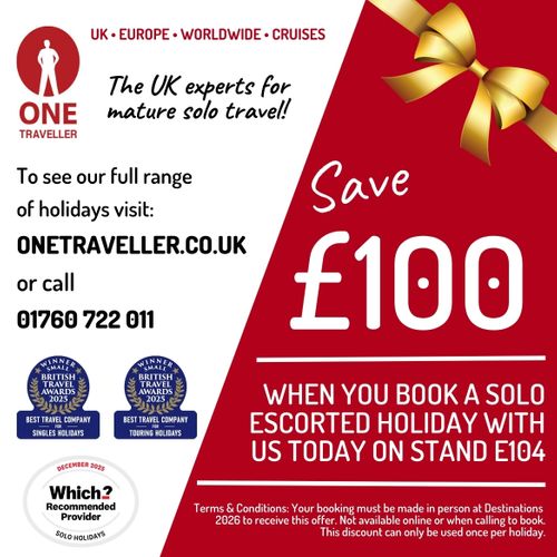 SAVE £100 WHEN YOU BOOK A SOLO ESCORTED HOLIDAY WITH US TODAY ON STAND E104