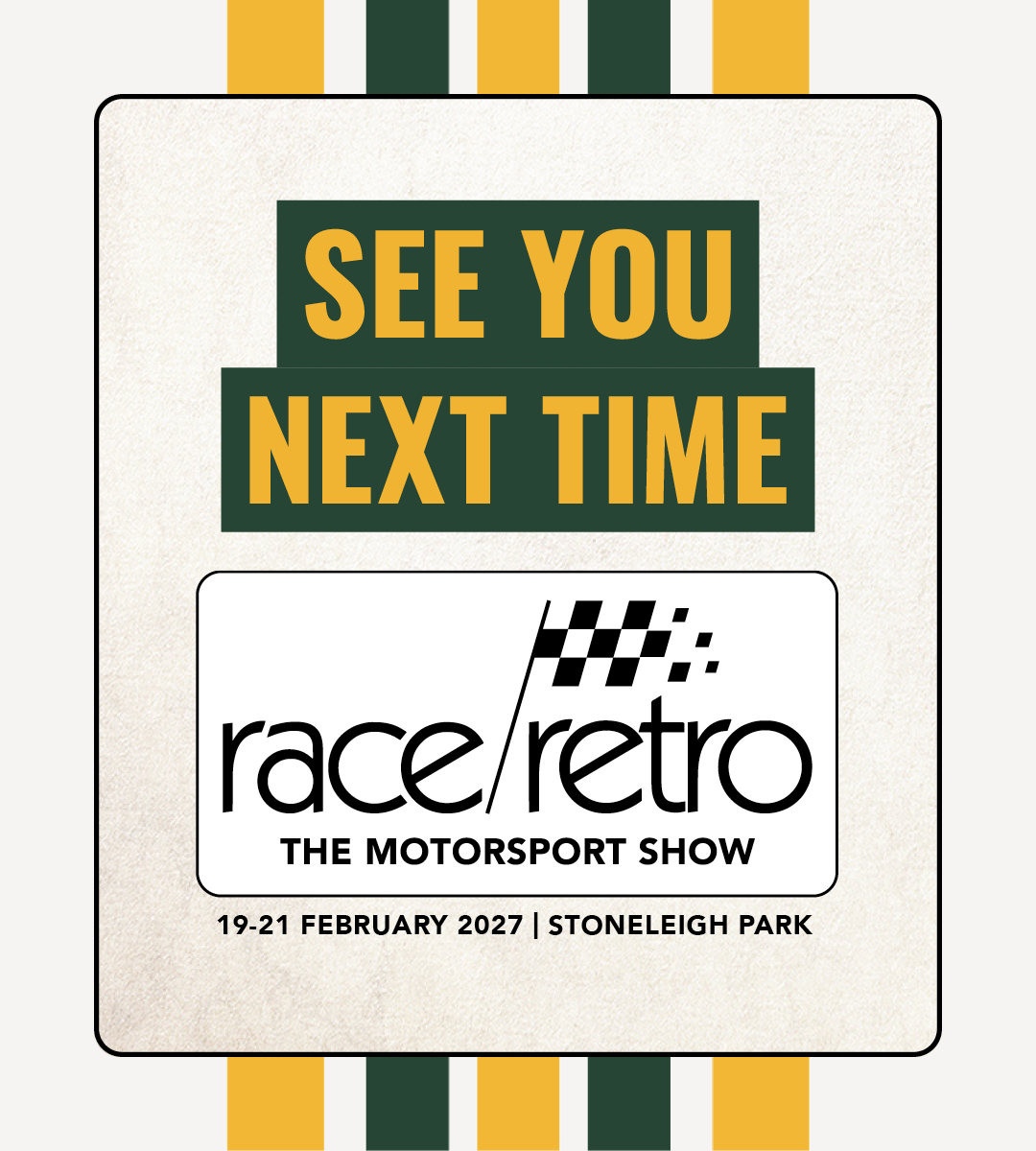Motorsport event collage featuring a Bentley Le Mans car, Ford Escort rally car, McLaren F1 car, and MotorSport UK exhibitor pack for the start of the motorsport calendar.