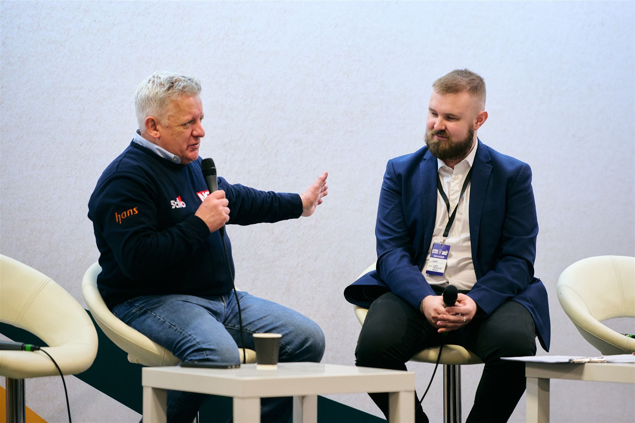 World-renowned rally co-driver Nicky Grist discussing racing strategy during a live panel session.