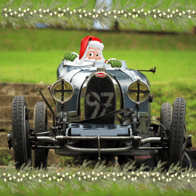 Bugatti Type 37 Grand Prix race car supercharged vintage Christmas holiday theme.