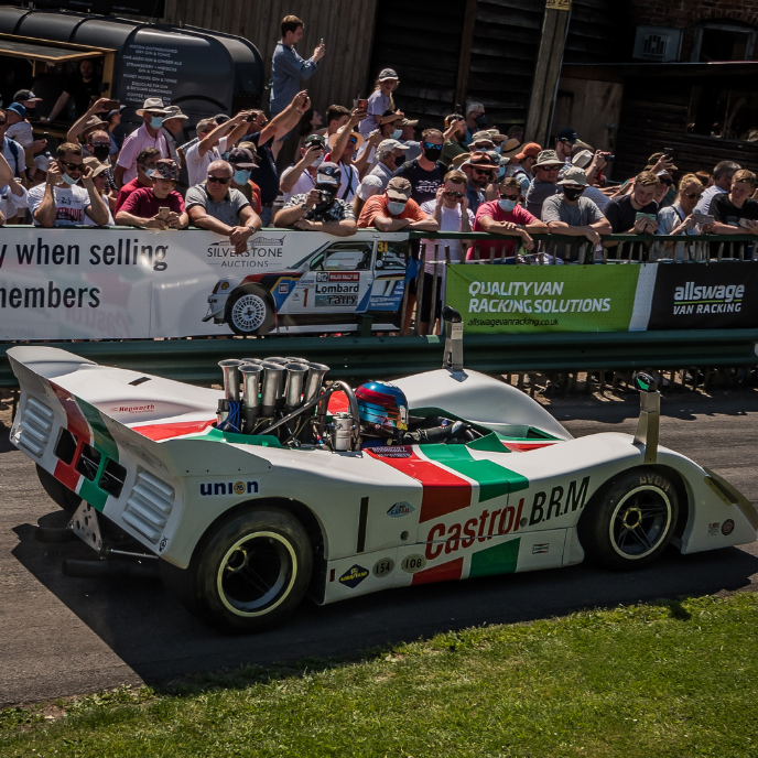 White BRM P207 Castrol sponsored sports prototype hill climb vintage racing car