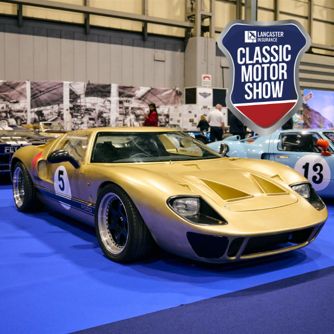 NEC Classic Motor Show Birmingham UK Lancaster Insurance classic car event including gold Ford GT40.