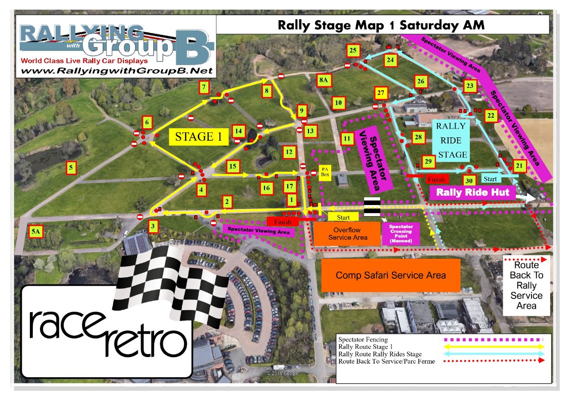 Race Retro 2026 Rally Stage 1 Map for Saturday AM session featuring the Rallying with Group B course layout, spectator viewing areas, and rally ride stage.