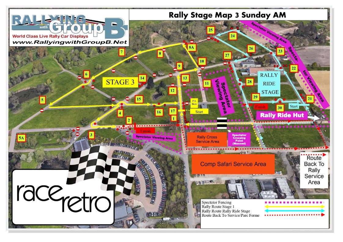 Race Retro 2026 Rally Stage 3 Map for Sunday AM session detailing the rally route, Comp Safari Service Area, and spectator crossing points.
