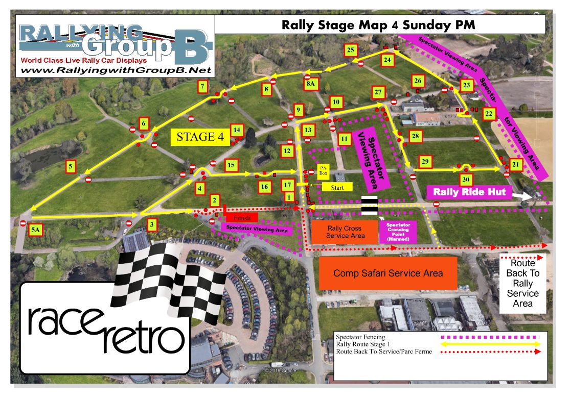 Race Retro 2026 Rally Stage 4 Map for Sunday PM session illustrating the final stage route, spectator fencing, and vehicle route back to Parc Ferme.