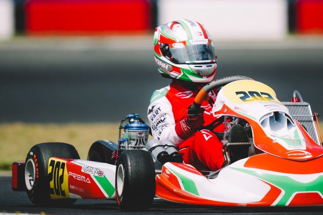 Close-up of Noah Baglin’s World Championship-winning Prema Racing kart featuring Kart Republic chassis and IAME engines.