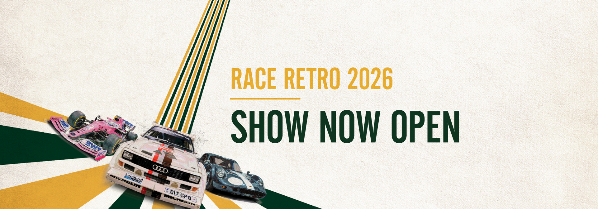 Motorsport event collage featuring a Bentley Le Mans car, Ford Escort rally car, McLaren F1 car, and MotorSport UK exhibitor pack for the start of the motorsport calendar.