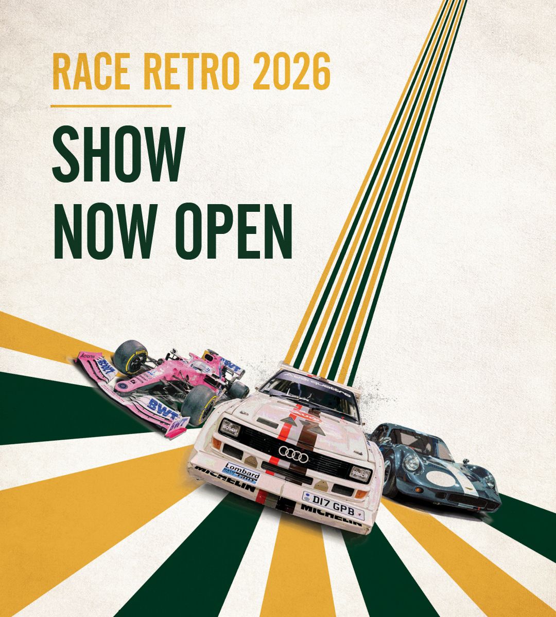 Motorsport event collage featuring a Bentley Le Mans car, Ford Escort rally car, McLaren F1 car, and MotorSport UK exhibitor pack for the start of the motorsport calendar.