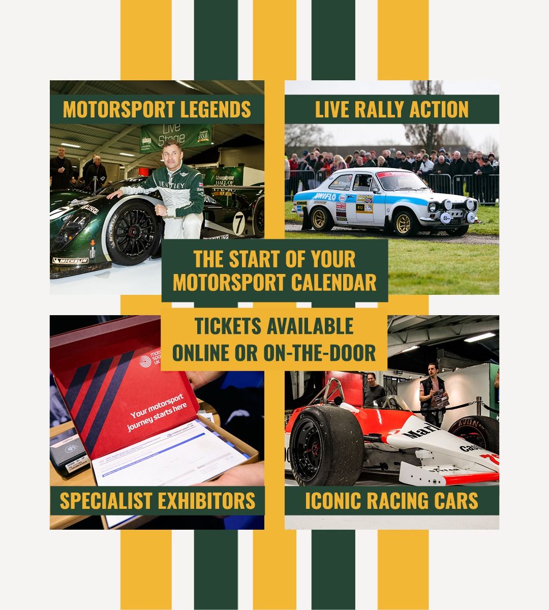 Motorsport event collage featuring a Bentley Le Mans car, Ford Escort rally car, McLaren F1 car, and MotorSport UK exhibitor pack for the start of the motorsport calendar.