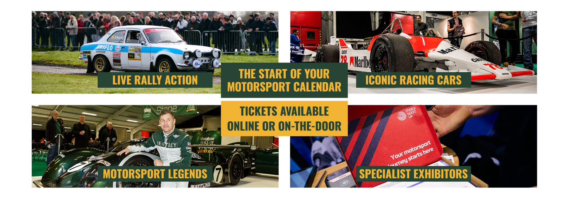 Motorsport event collage featuring a Bentley Le Mans car, Ford Escort rally car, McLaren F1 car, and MotorSport UK exhibitor pack for the start of the motorsport calendar.