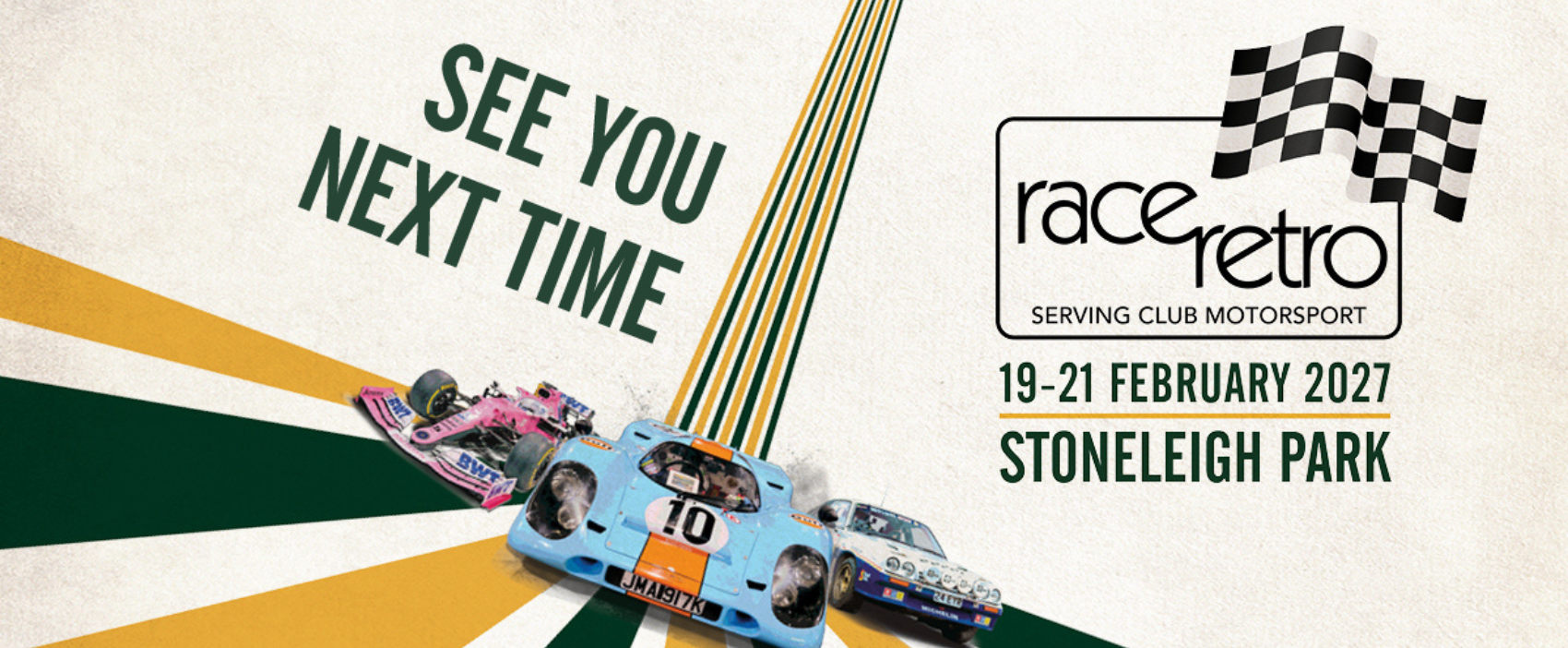 Motorsport event collage featuring a Bentley Le Mans car, Ford Escort rally car, McLaren F1 car, and MotorSport UK exhibitor pack for the start of the motorsport calendar.