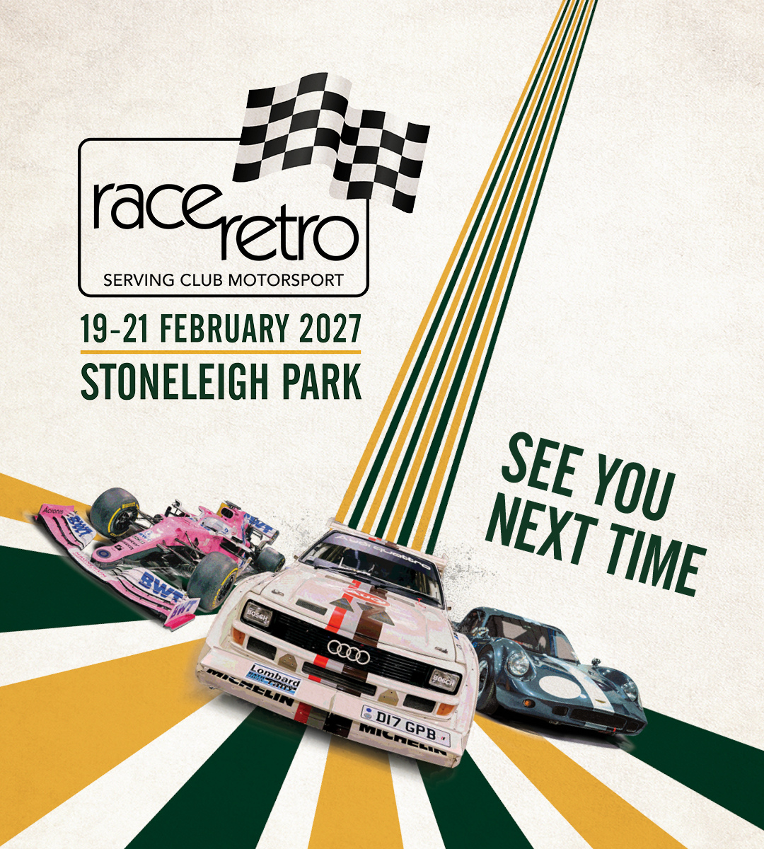 Motorsport event collage featuring a Bentley Le Mans car, Ford Escort rally car, McLaren F1 car, and MotorSport UK exhibitor pack for the start of the motorsport calendar.