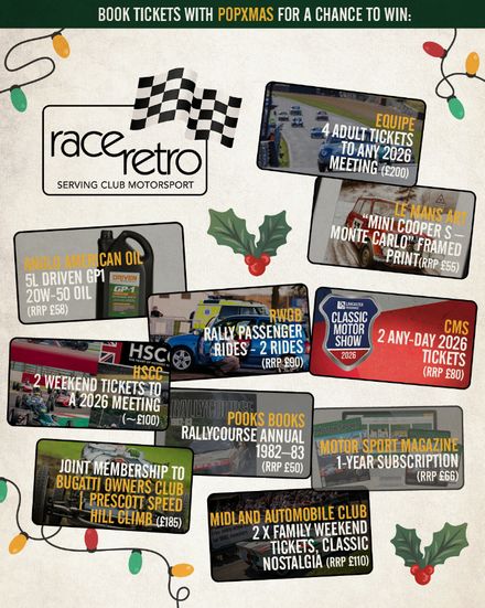 Race Retro Christmas Giveaway with Motorsport Brands: Equipe, Histroic Sports Car Club, Motor Sport Magazine, Classic Motor Show, Rallying with Group B, Anglo American Oil, Midland Automobile Club, Bugatti Owners Club and Le Mans Art