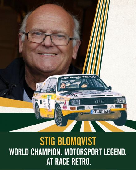 World Rally Champion Stig Blomqvist with a vintage Audi Quattro HB Team rally car for the Race Retro motorsport event.