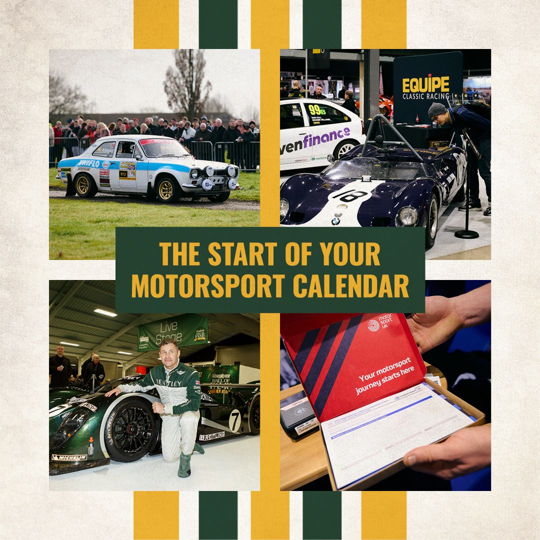 Motorsport calendar 2026 collage featuring vintage rally cars, a Bentley endurance racer, and a racing driver competition license starter kit.