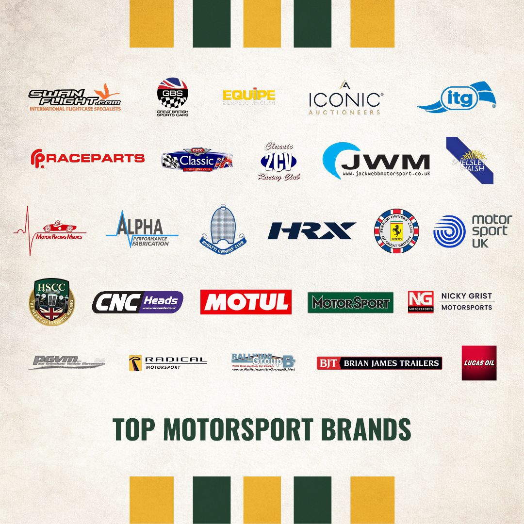 Sponsor logo board featuring top motorsport brands including Motul, Radical Motorsport, and Iconic Auctioneers.