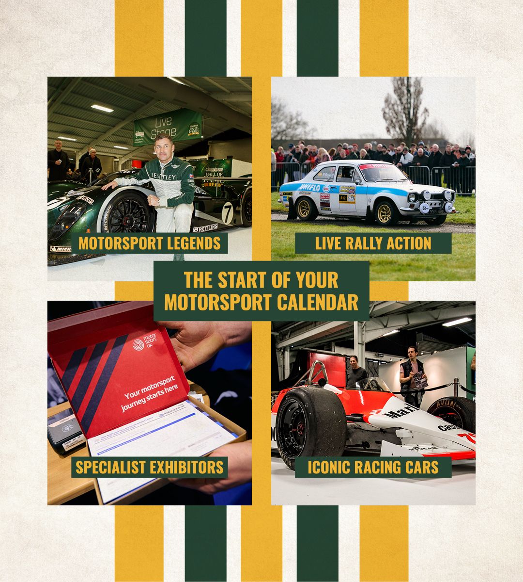 Motorsport event collage featuring a Bentley Le Mans car, Ford Escort rally car, McLaren F1 car, and MotorSport UK exhibitor pack for the start of the motorsport calendar.