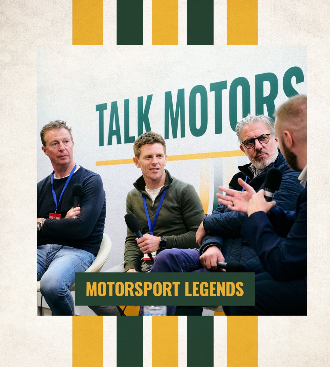 Motorsport legends Ant Davidson, Jason Plato and Matt Neal participating in an interview on the Talk Motorsport stage at Race Retro