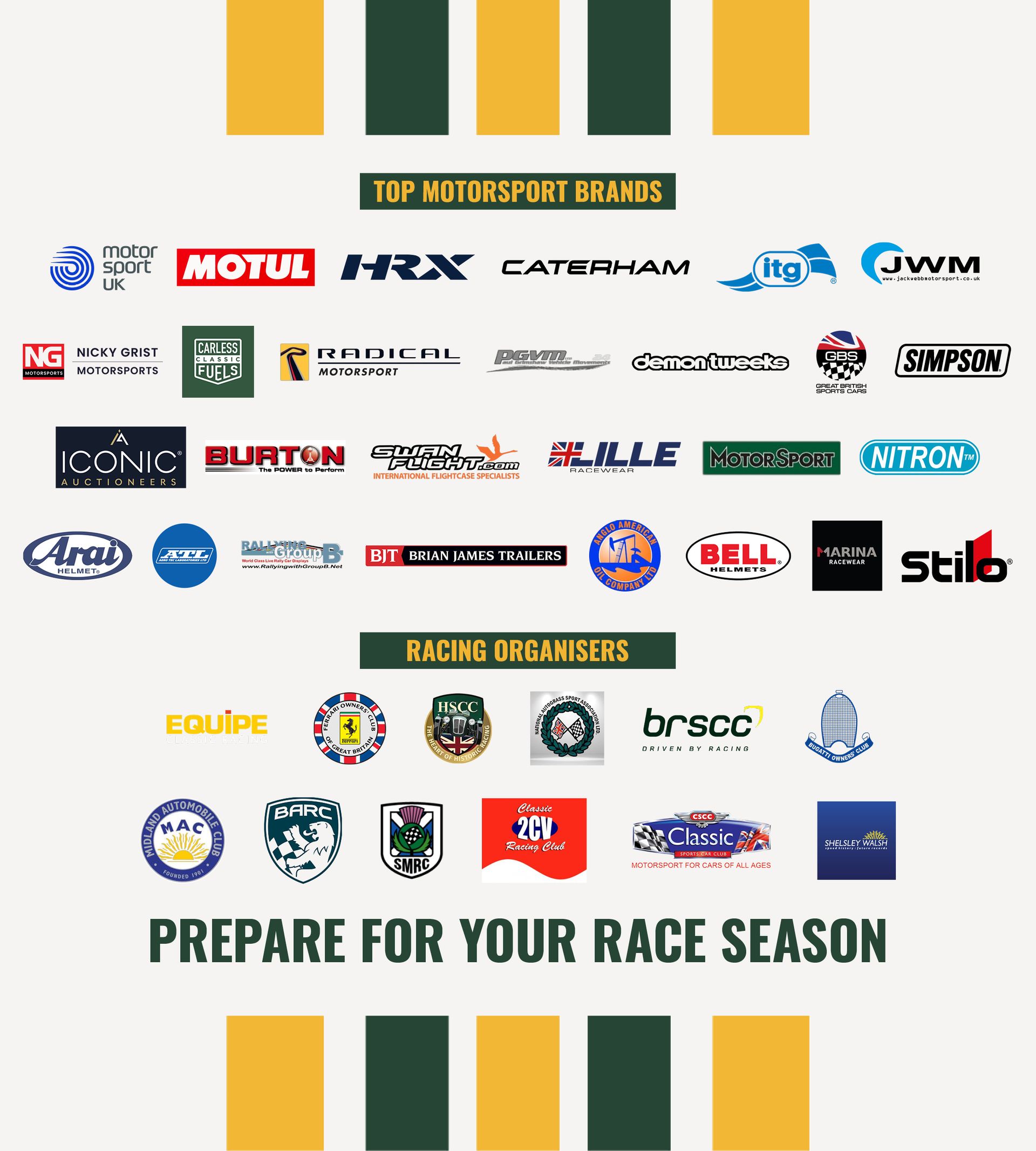 Logos of top motorsport brands and racing organizers including Caterham, Radical, BRSCC, HSCC, Motul, and HRX for race season preparation.