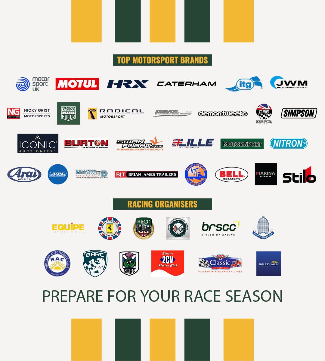 Logos of top motorsport brands and racing organizers including Caterham, Radical, BRSCC, HSCC, Motul, and HRX for race season preparation.