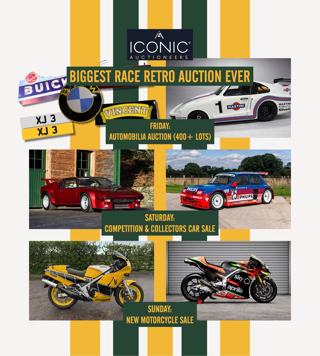 Iconic Auctioneers Race Retro auction schedule featuring Automobilia, Competition and Collectors Car Sale, and Motorcycle Sale.