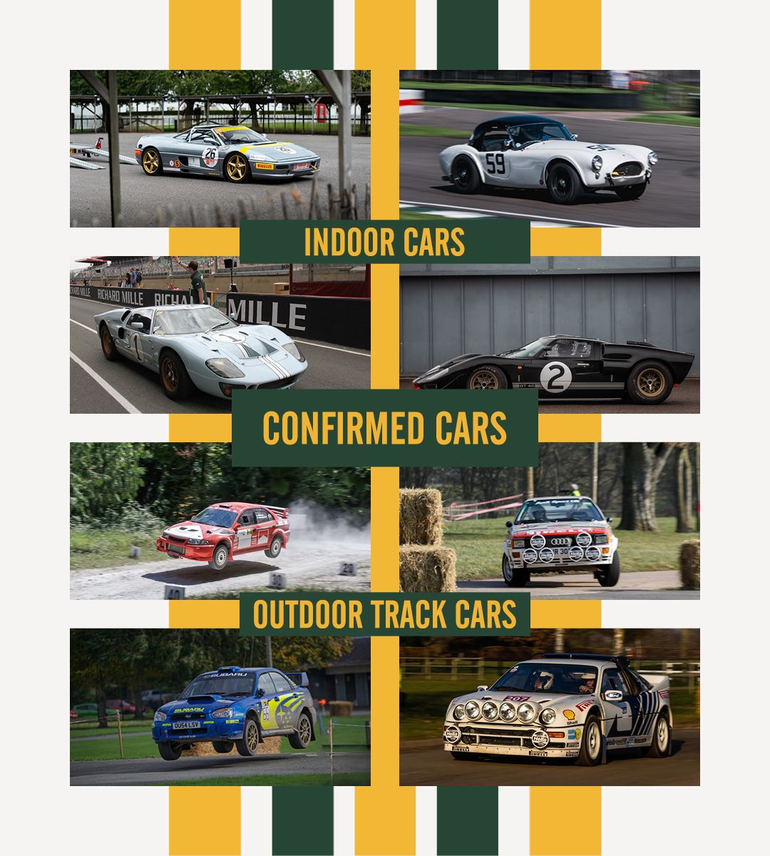 A collage of confirmed classic and modern motorsport cars for a racing event, featuring an Audi Quattro rally car, Subaru Impreza, Ford GT40, and vintage open-wheel racers categorized into outdoor track and indoor display cars.