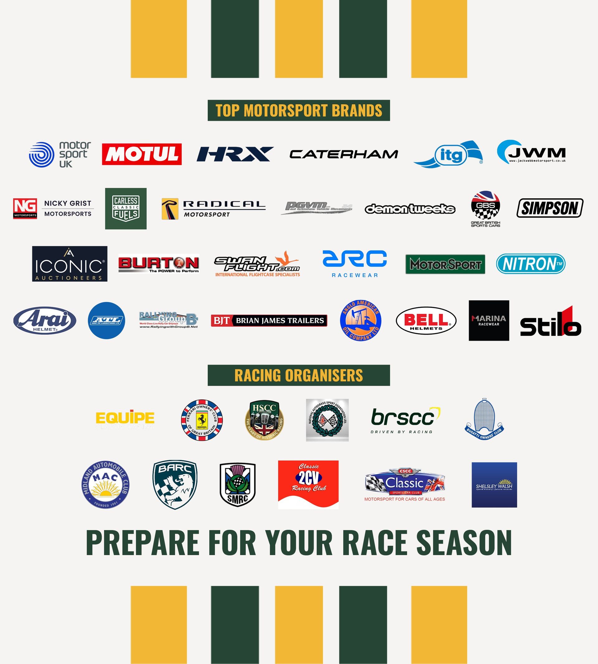 Logos of top motorsport brands and racing organizers including Caterham, Radical, BRSCC, HSCC, Motul, and HRX for race season preparation.