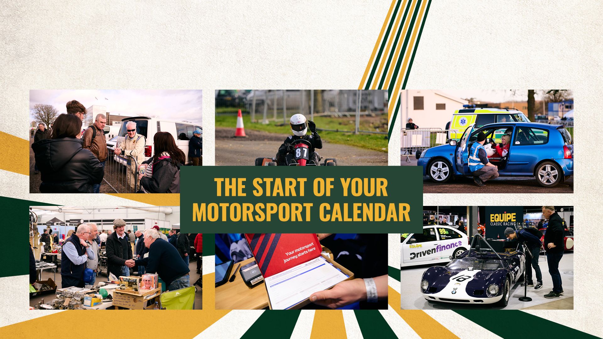 Collage of motorsport event activities including go-karting, technical workshops, and historic racing car displays at Race Retro.